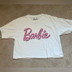 BARBIE white and pink cropped short sleeve T-shirt in size L. Never worn-washed
